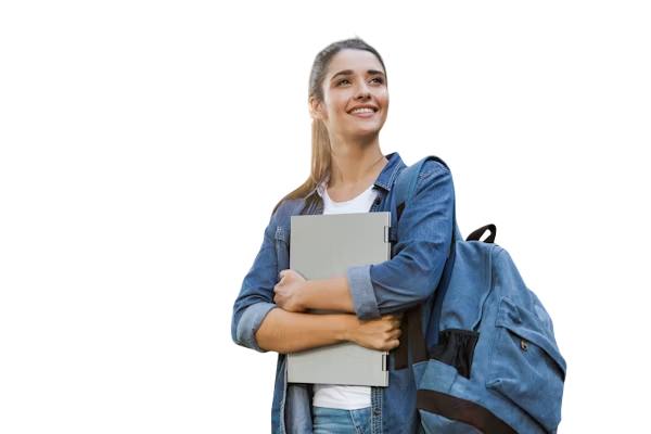Smiling international student holding laptop and backpack