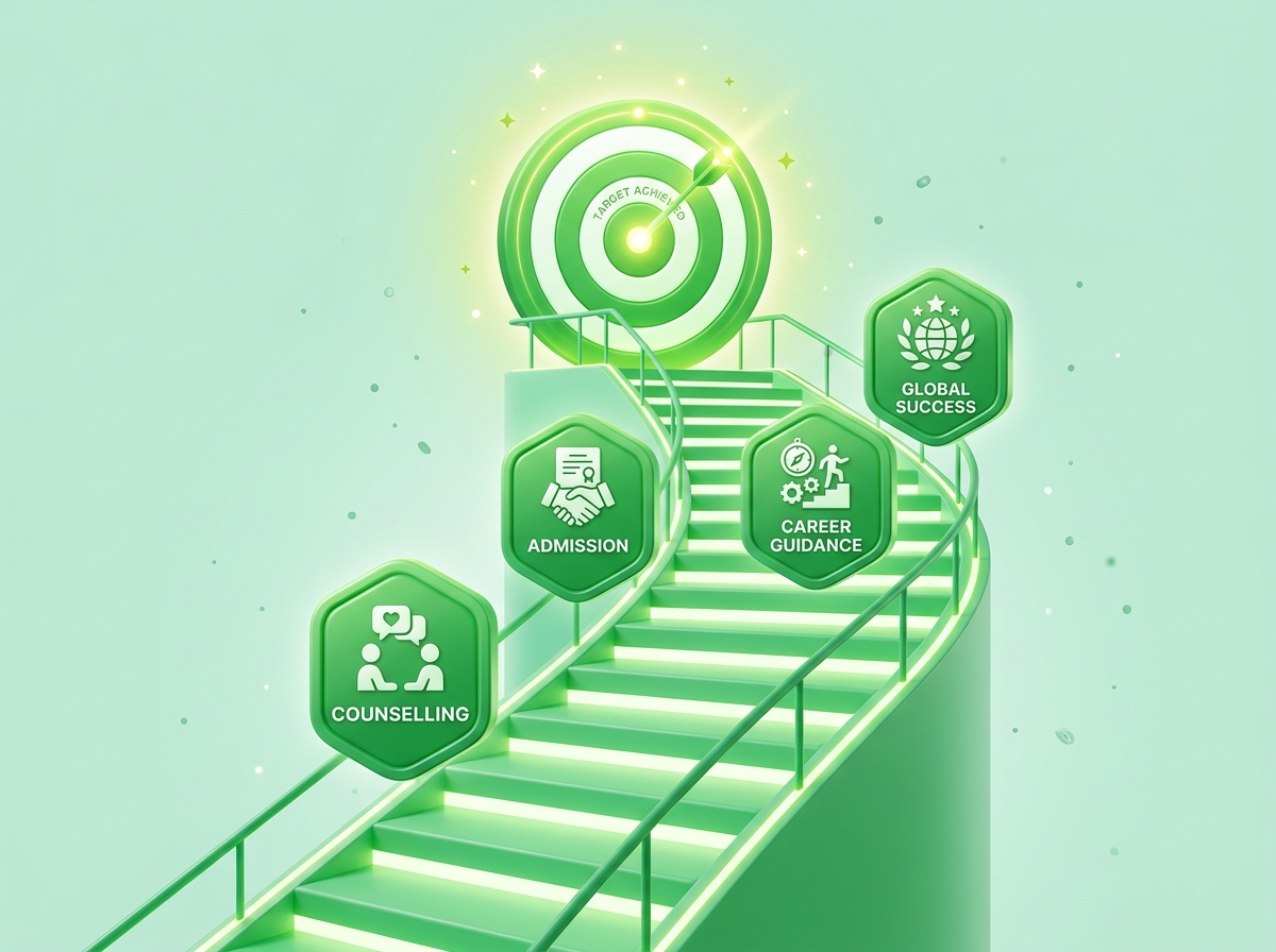 3D Staircase leading to global success bullseye target